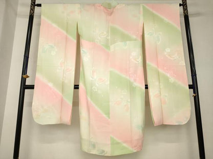 平和屋着物●振袖用長襦袢　無双仕立て　花蝶地紋　暈し染め　半衿刺繍　正絹　逸品　AABK3947ck