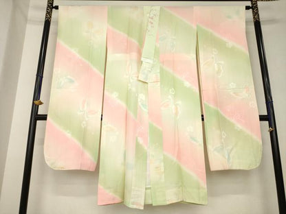 平和屋着物●振袖用長襦袢　無双仕立て　花蝶地紋　暈し染め　半衿刺繍　正絹　逸品　AABK3947ck
