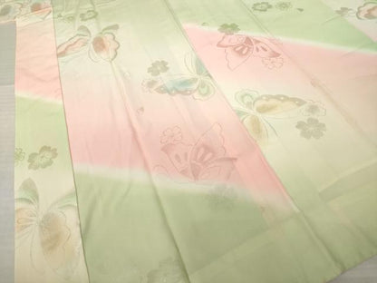 平和屋着物●振袖用長襦袢　無双仕立て　花蝶地紋　暈し染め　半衿刺繍　正絹　逸品　AABK3947ck