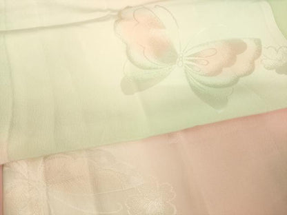 平和屋着物●振袖用長襦袢　無双仕立て　花蝶地紋　暈し染め　半衿刺繍　正絹　逸品　AABK3947ck