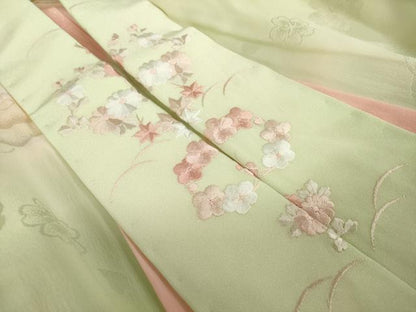 平和屋着物●振袖用長襦袢　無双仕立て　花蝶地紋　暈し染め　半衿刺繍　正絹　逸品　AABK3947ck