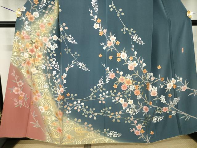 平和屋着物●訪問着　作家物　流水枝花文　暈し染め　金彩　正絹　逸品　AABK3948ck
