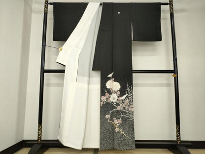 平和屋本店●人間国宝　森口華弘　蒔糊友禅　蒔糊散らし　黒留袖　刺繍　花束文　金糸　共箱付き　正絹　逸品　AABK3954ck