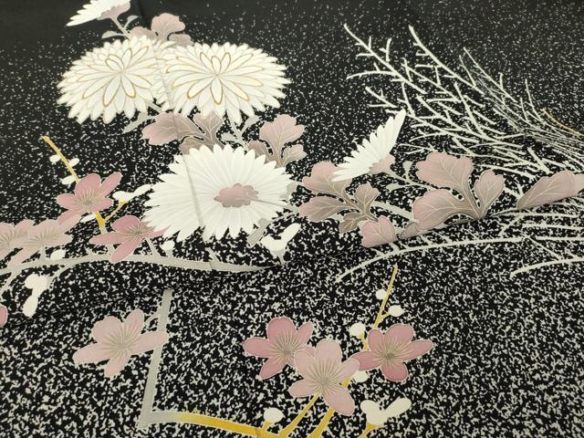 平和屋本店●人間国宝　森口華弘　蒔糊友禅　蒔糊散らし　黒留袖　刺繍　花束文　金糸　共箱付き　正絹　逸品　AABK3954ck