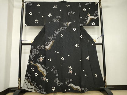 平和屋着物●訪問着　絞り　刺繍　草花文　黒地　金彩　正絹　逸品　AABK3959ck