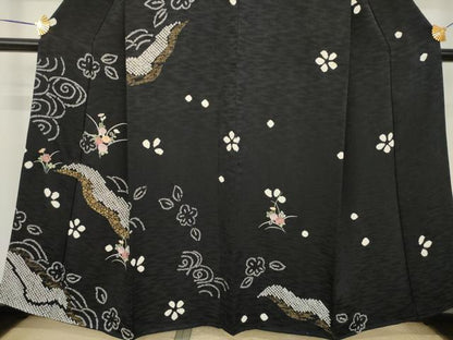 平和屋着物●訪問着　絞り　刺繍　草花文　黒地　金彩　正絹　逸品　AABK3959ck