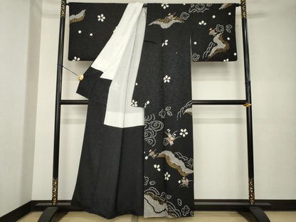 平和屋着物●訪問着　絞り　刺繍　草花文　黒地　金彩　正絹　逸品　AABK3959ck