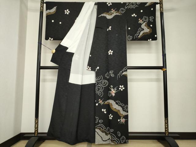 平和屋着物●訪問着　絞り　刺繍　草花文　黒地　金彩　正絹　逸品　AABK3959ck