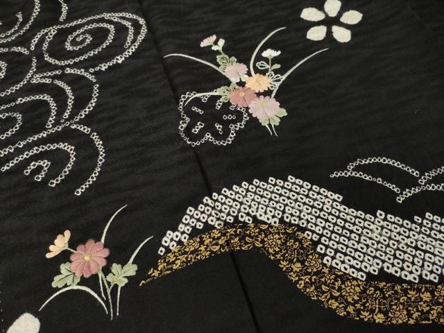 平和屋着物●訪問着　絞り　刺繍　草花文　黒地　金彩　正絹　逸品　AABK3959ck