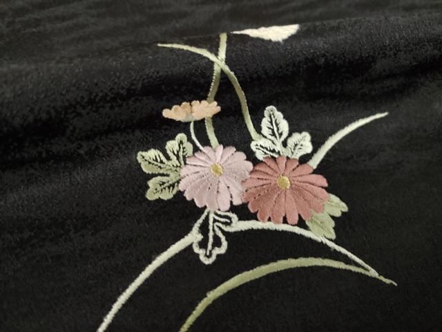 平和屋着物●訪問着　絞り　刺繍　草花文　黒地　金彩　正絹　逸品　AABK3959ck