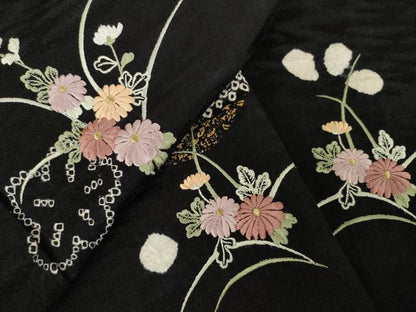 平和屋着物●訪問着　絞り　刺繍　草花文　黒地　金彩　正絹　逸品　AABK3959ck
