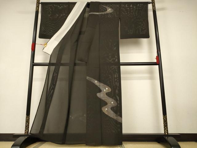 平和屋着物＊夏物　訪問着　絽　草花文　黒地　銀糸　正絹　逸品　AABK3962jd