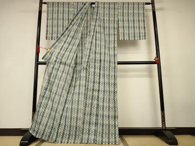 平和屋着物＊夏物　小紋　紗　藍　菱文　AABK3972jd