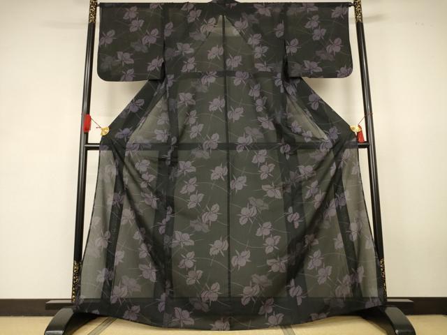平和屋着物＊夏物　小紋　紗　舞花文　黒地　洗える着物　AABK4017jd