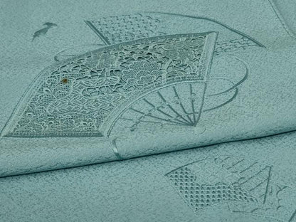 平和屋着物▽無地絵羽訪問着　単衣　中国三大刺繍　汕頭刺繍　スワトウ刺繍　総刺繍　色無地　扇面花文　千草色　正絹　逸品　AABK4025jd