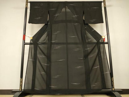 平和屋着物＊夏物　小紋　絽　横段丸文　黒地　正絹　逸品　AABK4026jd