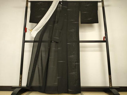 平和屋着物＊夏物　小紋　絽　横段丸文　黒地　正絹　逸品　AABK4026jd