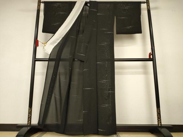 平和屋着物＊夏物　小紋　絽　横段丸文　黒地　正絹　逸品　AABK4026jd