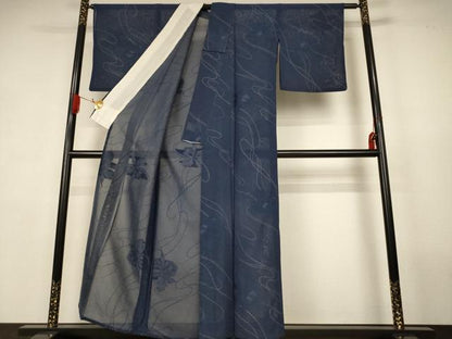 平和屋着物＊夏物　小紋　紗　舞花文　銀糸　正絹　逸品　AABK4059jd