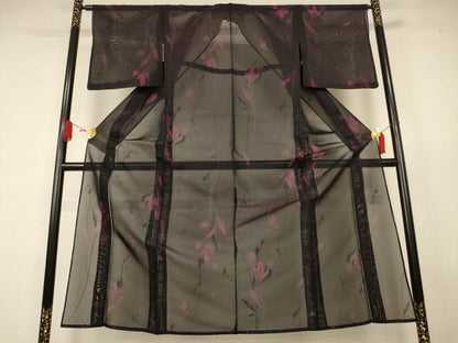 平和屋着物＊夏物　小紋　紗　草花文　黒地　正絹　逸品　AABK4070jd