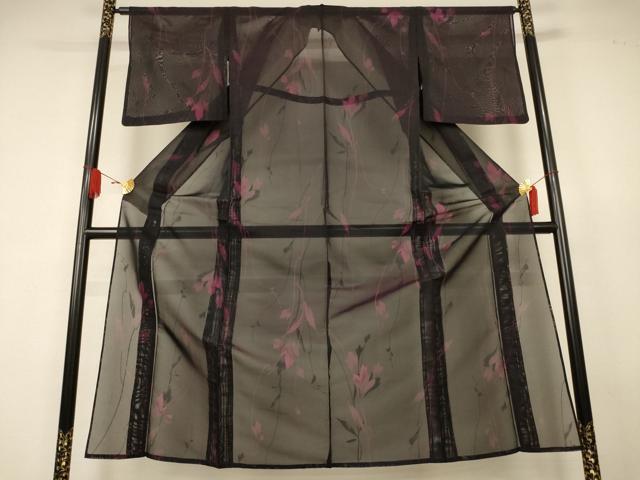 平和屋着物＊夏物　小紋　紗　草花文　黒地　正絹　逸品　AABK4070jd