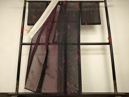 平和屋着物＊夏物　小紋　紗　草花文　黒地　正絹　逸品　AABK4070jd