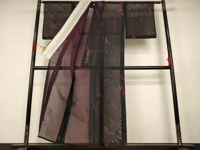 平和屋着物＊夏物　小紋　紗　草花文　黒地　正絹　逸品　AABK4070jd