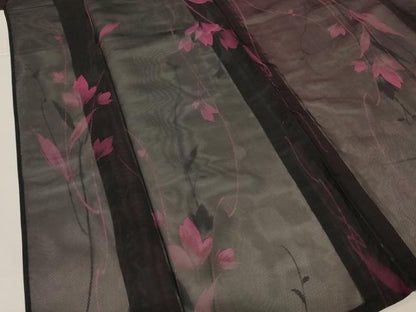 平和屋着物＊夏物　小紋　紗　草花文　黒地　正絹　逸品　AABK4070jd