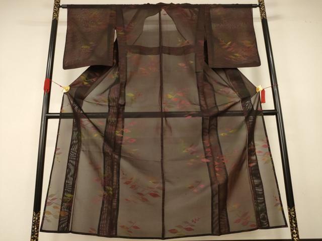 平和屋着物＊夏物　小紋　紗　枝葉文　正絹　逸品　AABK4073jd