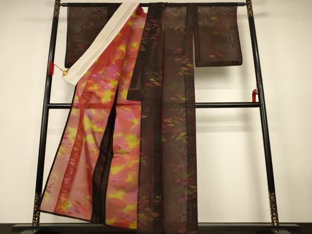 平和屋着物＊夏物　小紋　紗　枝葉文　正絹　逸品　AABK4073jd