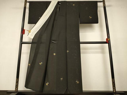 平和屋着物＊夏物　訪問着　絽　総刺繍　蔦の葉文　黒地　金銀糸　正絹　逸品　AABK4078jd