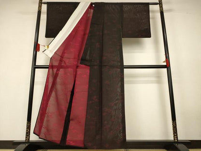 平和屋着物＊夏物　小紋　絽　草花文　黒地　正絹　逸品　AABK4079jd