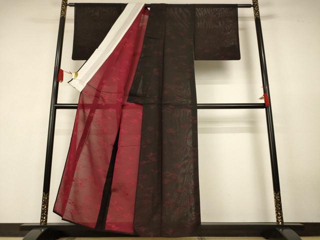 平和屋着物＊夏物　小紋　絽　草花文　黒地　正絹　逸品　AABK4079jd