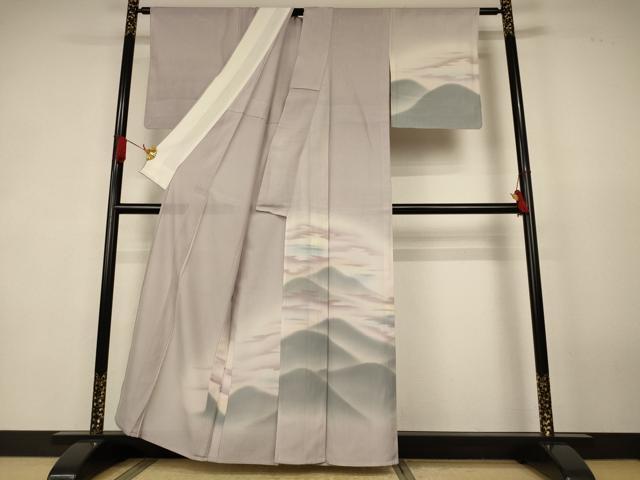 平和屋着物＊夏物　訪問着　縦絽　遠山風景文　暈し染め　正絹　逸品　AABK4097jd