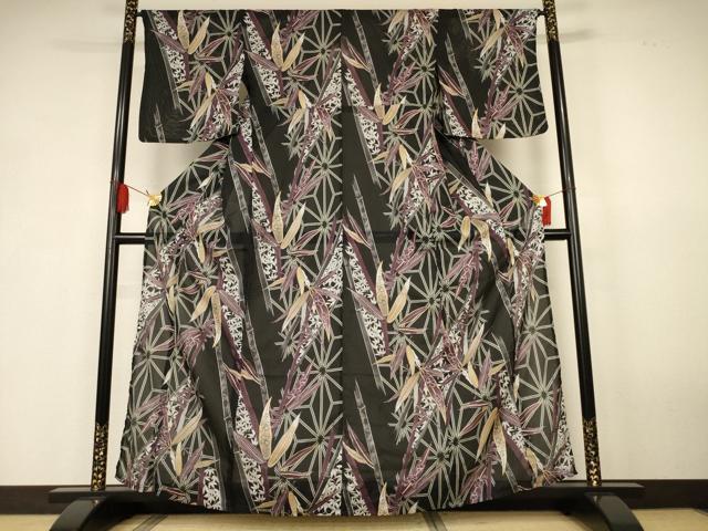 平和屋着物＊夏物　小紋　絽　麻の葉笹文　黒地　洗える着物　AABK4136jd