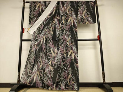 平和屋着物＊夏物　小紋　絽　麻の葉笹文　黒地　洗える着物　AABK4136jd