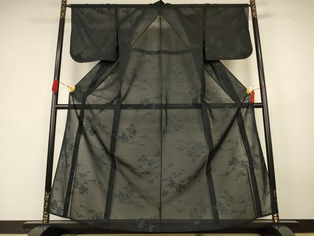 平和屋着物＊夏物　小紋　紗　枝花文　黒地　正絹　逸品　AABK4147jd