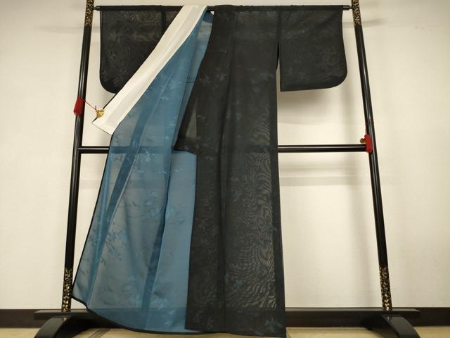 平和屋着物＊夏物　小紋　紗　枝花文　黒地　正絹　逸品　AABK4147jd