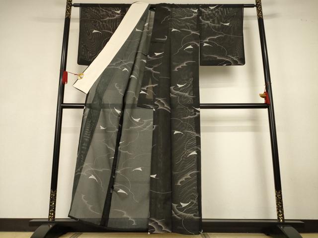 平和屋着物＊夏物　小紋　絽　飛鳥文　黒地　洗える着物　AABK4154jd
