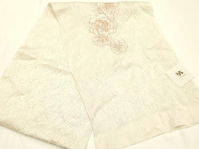 平和屋本店▼和装小物　帯揚げ　Wa de Modern　刺繍　薔薇　金糸　金通し地　正絹　逸品　未使用　AABK4168ay
