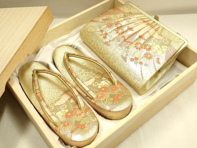 平和屋着物▼和装小物　和装バッグ・草履セット　佐賀錦　ハンドバッグ　チェーンバッグ　几帳花文　金糸　帯地使用　逸品　AABK4206ay