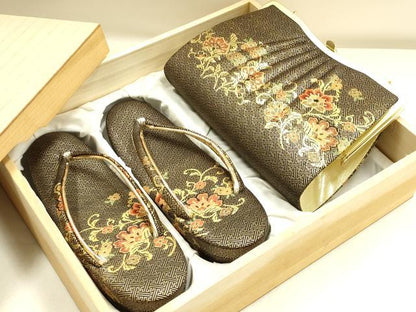 平和屋着物▼和装小物　和装バッグ・草履セット　ハンドバッグ　チェーンバッグ　クラッチバッグ　更紗花文　金糸　逸品　AABK4207ay