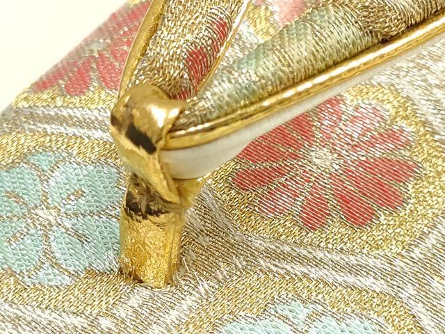 平和屋着物▼和装小物　和装バッグ・草履セット　佐賀錦　クラッチバッグ　花亀甲文　菊　金銀糸　帯地使用　逸品　AABK4212ay