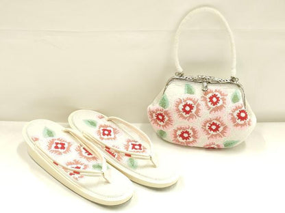 平和屋着物▼和装小物　和装バッグ・草履セット　ビーズ　ハンドバッグ　花柄　逸品　AABK4214ay