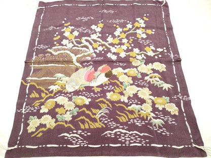 平和屋本店▼和装小物　加賀冨久紗　鴛鴦風景花文　雪持ち枝梅　金彩　正絹　逸品　AABK4240ay