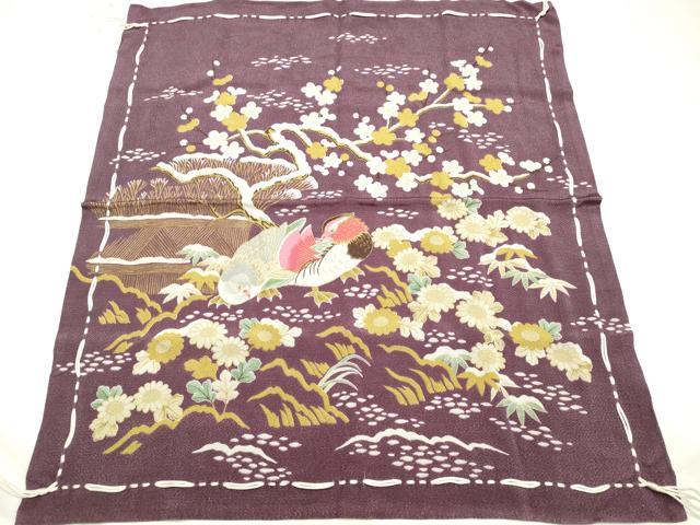 平和屋本店▼和装小物　加賀冨久紗　鴛鴦風景花文　雪持ち枝梅　金彩　正絹　逸品　AABK4240ay