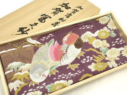 平和屋本店▼和装小物　加賀冨久紗　鴛鴦風景花文　雪持ち枝梅　金彩　正絹　逸品　AABK4240ay