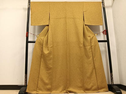 平和屋着物●上質な色無地　南天地紋　黄唐茶色　正絹　逸品　未使用　AABK4285ph