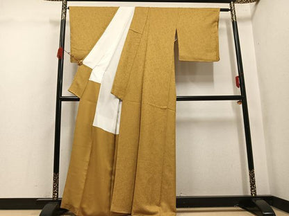 平和屋着物●上質な色無地　南天地紋　黄唐茶色　正絹　逸品　未使用　AABK4285ph