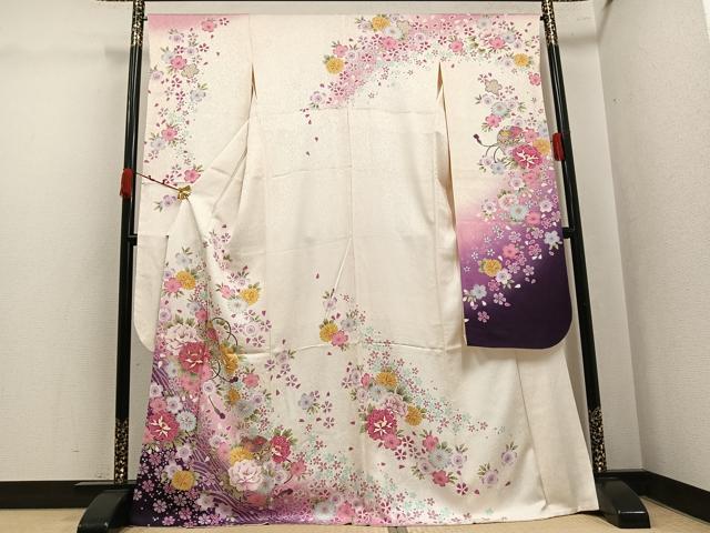 平和屋着物●豪華振袖　刺繍　舞花文　暈し染め　金糸　京都きもの友禅扱い　正絹　逸品　AABK4287ph